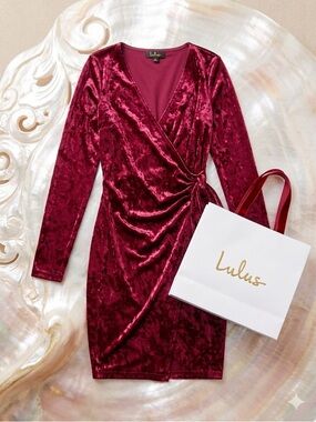 Lulu's Wine Burgundy Velvet Wrap-Style Long Sleeve Dress